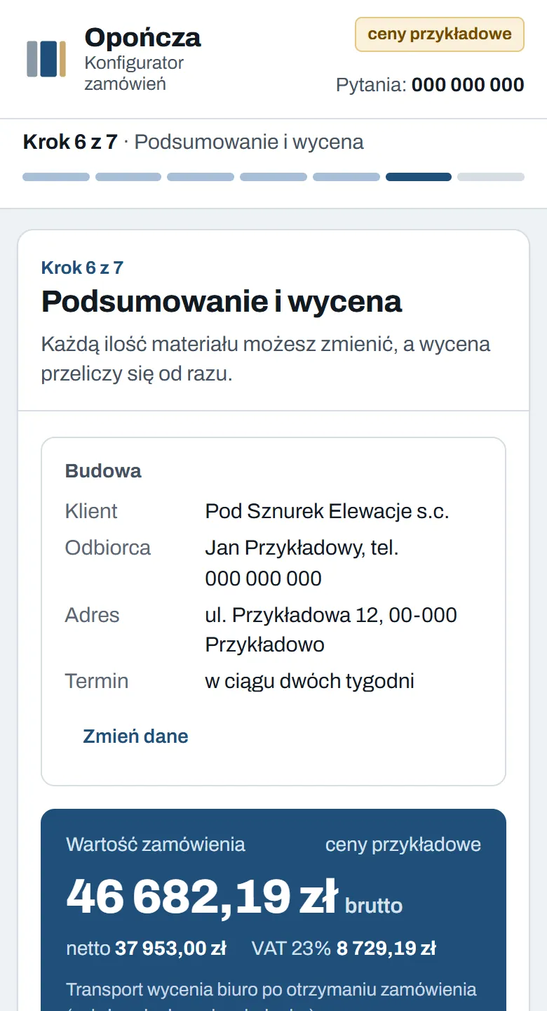 Podsumowanie zamówienia na telefonie: wartość zamówienia i materiały policzone z metrażu