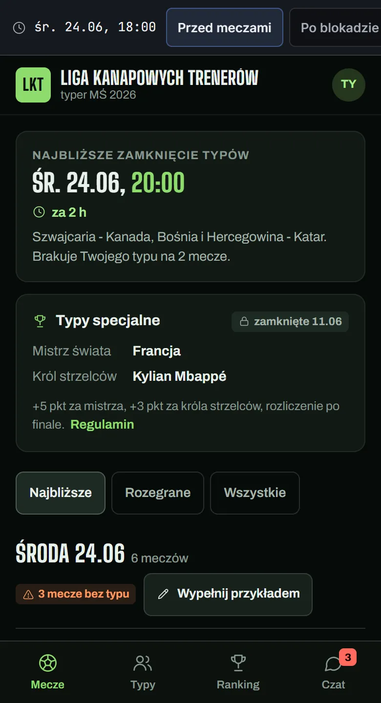 Typer na telefonie: zegar ligi, najbliższe zamknięcie typów i mecze wieczoru